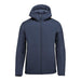 Men's Cascadia Thermal Jacket - A navy puffer jacket featuring a hood and a front zip closure. The jacket has a simple design and includes a logo.