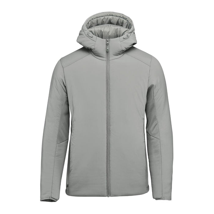 Men's Cascadia Thermal Jacket - A men's puffer jacket in light grey with a hood and zip front, featuring a logo on the chest.