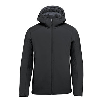 Men's Cascadia Thermal Jacket - A black puffer jacket with a hood, featuring a front zipper and side pockets, and a logo on the left side.
