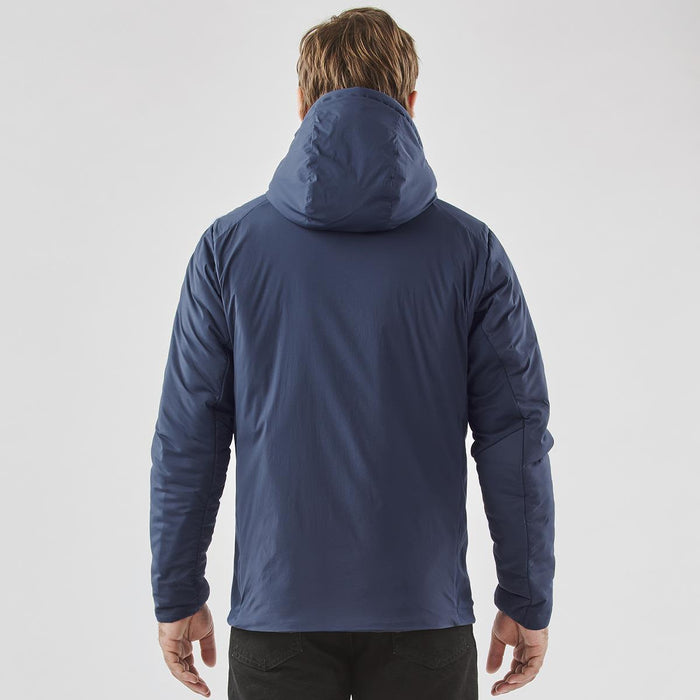 Men's Cascadia Thermal Jacket - A navy blue men's thermal jacket with a hood, viewed from the back. It features a logo on the sleeve.