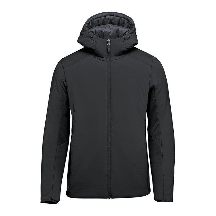 Men's Cascadia Thermal Jacket - A black puffer jacket with a hood, featuring a front zipper and side pockets, and a logo on the left side.