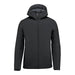 Men's Cascadia Thermal Jacket - A black puffer jacket with a hood, featuring a front zipper and side pockets, and a logo on the left side.