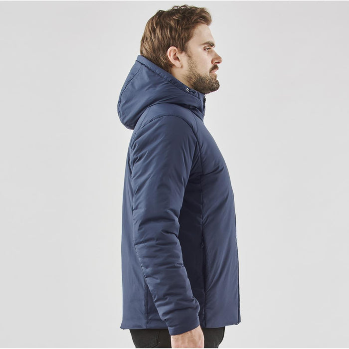 Men's Cascadia Thermal Jacket - A men's puffer jacket in navy, featuring a hood and side profile view. The jacket has a branding logo.