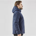 Men's Cascadia Thermal Jacket - A men's puffer jacket in navy, featuring a hood and side profile view. The jacket has a branding logo.