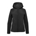 Women's Cascadia Thermal Jacket - A black women's puffer jacket with a hood, featuring a sleek design and a logo on the front.