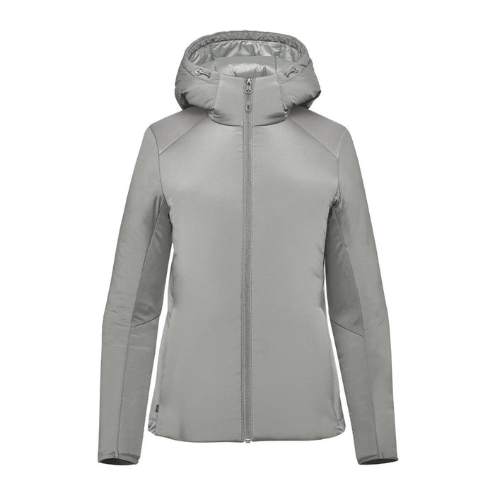 Women's Cascadia Thermal Jacket - A grey Women's Cascadia Thermal Jacket with a hood and zipper, featuring a logo on the chest.
