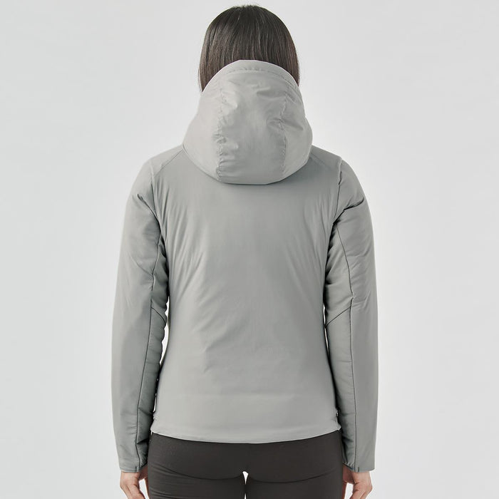Women's Cascadia Thermal Jacket - A women's grey puffer jacket with a hood, featuring a fitted design and visible stitching details on the back.
