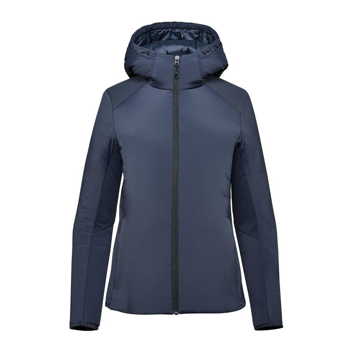 Women's Cascadia Thermal Jacket - A women's puffer jacket in navy blue with a hood and front zip closure. It features a sleek design and has a logo.