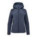 Women's Cascadia Thermal Jacket - A women's puffer jacket in navy blue with a hood and front zip closure. It features a sleek design and has a logo.