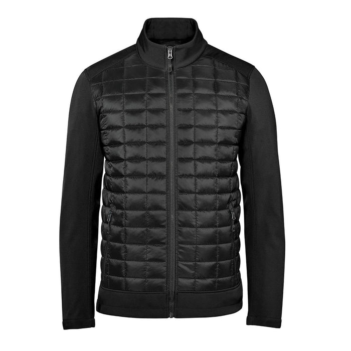 Men's Appalachian Thermal Softshell Jacket - A black thermal softshell jacket with a quilted front and smooth sleeves, featuring a zippered front and side pockets.