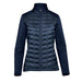 Women's Appalachian Thermal Softshell Jacket - A women's softshell jacket in navy with a quilted front and a high collar, featuring a logo on the chest.