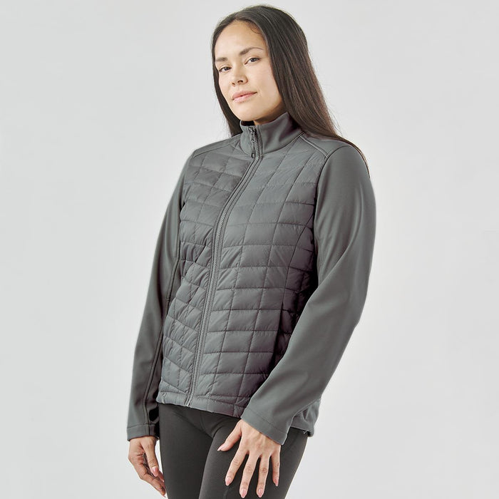 Women's Appalachian Thermal Softshell Jacket - A women's thermal softshell jacket in grey, featuring a quilted front and long sleeves with a zip front.