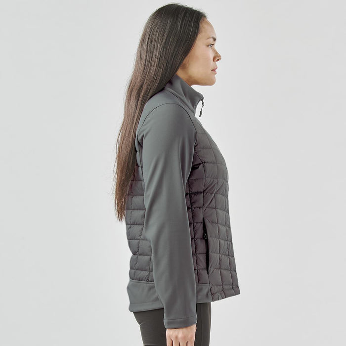 Women's Appalachian Thermal Softshell Jacket - A women's softshell jacket in grey, featuring a quilted design and a zip closure. The jacket includes a logo.