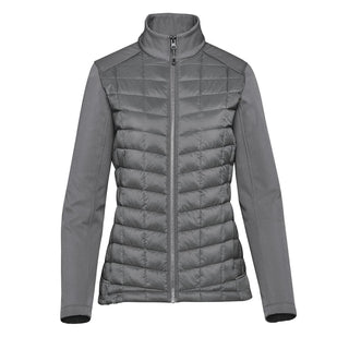 Women's Appalachian Thermal Softshell Jacket - A grey women's softshell jacket featuring a quilted design and high collar, with a zippered front and branding.