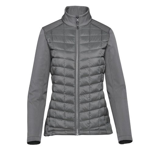 Women's Appalachian Thermal Softshell Jacket - A grey women's softshell jacket featuring a quilted design and high collar, with a zippered front and branding.