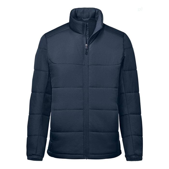 Men's Sierra Thermal Jacket - A navy blue men's thermal jacket featuring a zip front and padded sections, with a collar and a logo on the chest.