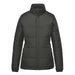 Women's Sierra Thermal Jacket - A dark green women's puffer jacket with a high collar and zip front, featuring a logo on the chest.