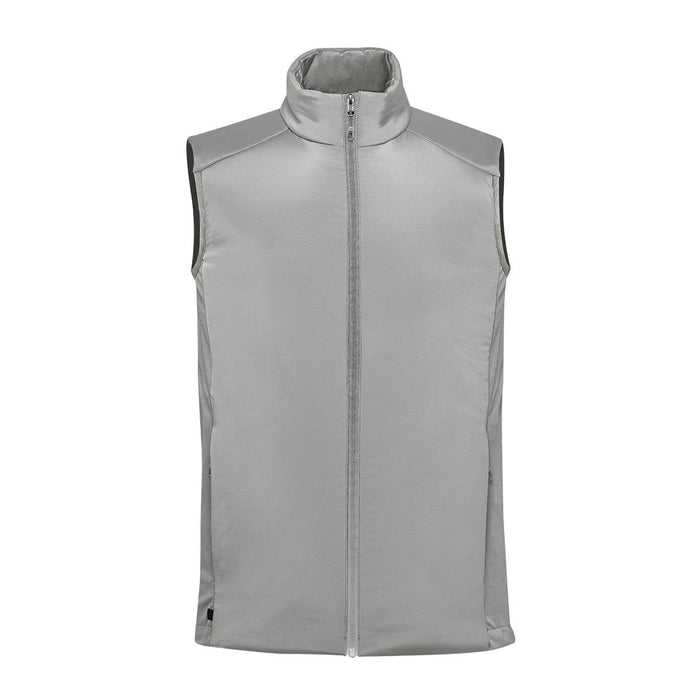 Men's Cascadia Thermal Vest - A grey men's thermal vest with a high collar and front zipper. It features a branding logo on the design.