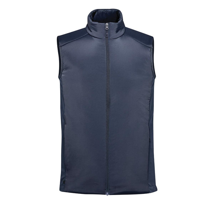 Men's Cascadia Thermal Vest - A navy thermal vest with a high collar and front zip, featuring a logo. Suitable for layering.