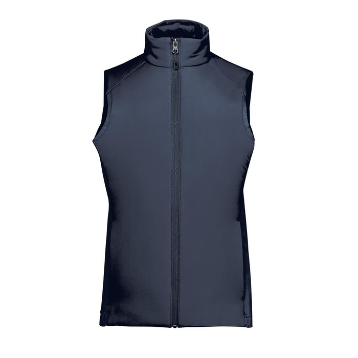 Women's Cascadia Thermal Vest - A women's thermal vest in navy blue with a high collar and full zip, featuring a logo.