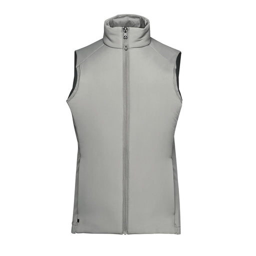 Women's Cascadia Thermal Vest - A light grey women's thermal vest with a high collar and front zip, featuring a branding logo.