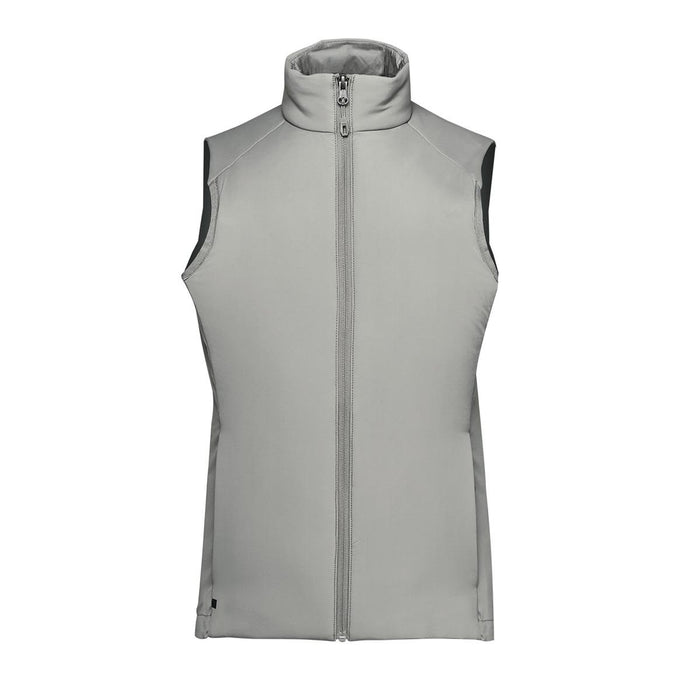 Women's Cascadia Thermal Vest - A light grey women's thermal vest with a high collar and front zip, featuring a branding logo.