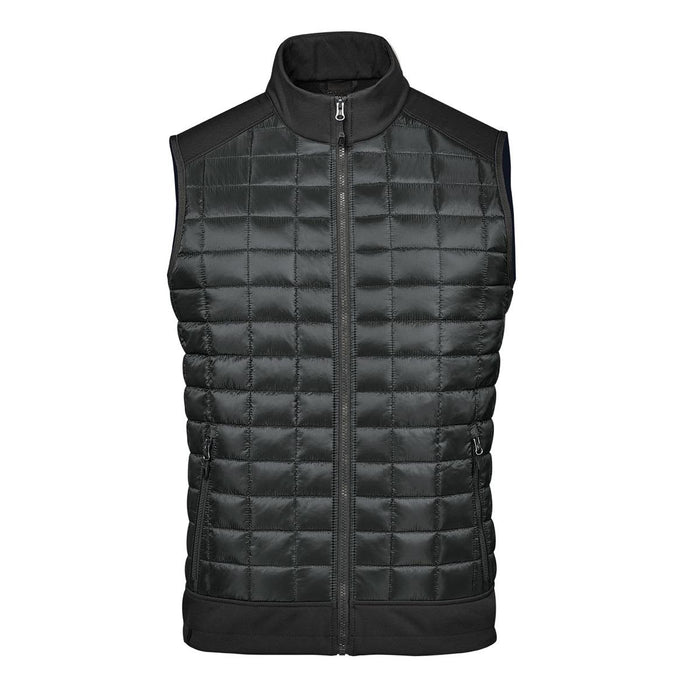 Men's Appalachian Thermal Softshell Vest - A black thermal softshell vest featuring a quilted design and a full front zip, with a sleek collar and pockets.