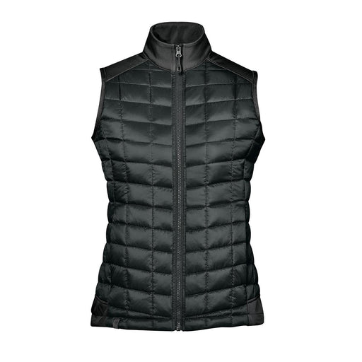 Women's Appalachian Thermal Softshell Vest - A black thermal softshell vest with a quilted design and a high collar, featuring a front zipper and no sleeves.