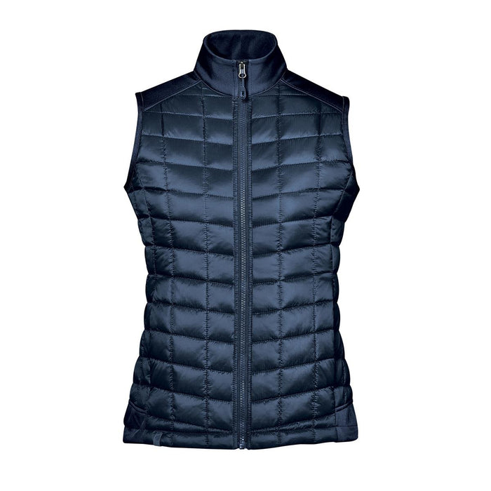 Women's Appalachian Thermal Softshell Vest - A navy blue women's thermal softshell vest with a quilted design and a high collar. Features a front zip and branding.