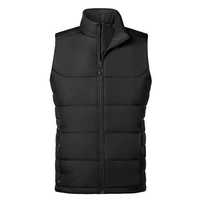 Men's Sierra Thermal Vest - A black thermal vest featuring a zip closure and a puffer design. It has a branding logo.