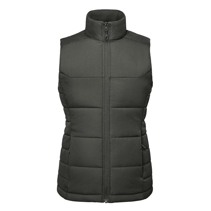 Women's Sierra Thermal Vest - A women's thermal vest in dark green, featuring a zip-up front and a high collar design. It has a logo on it.
