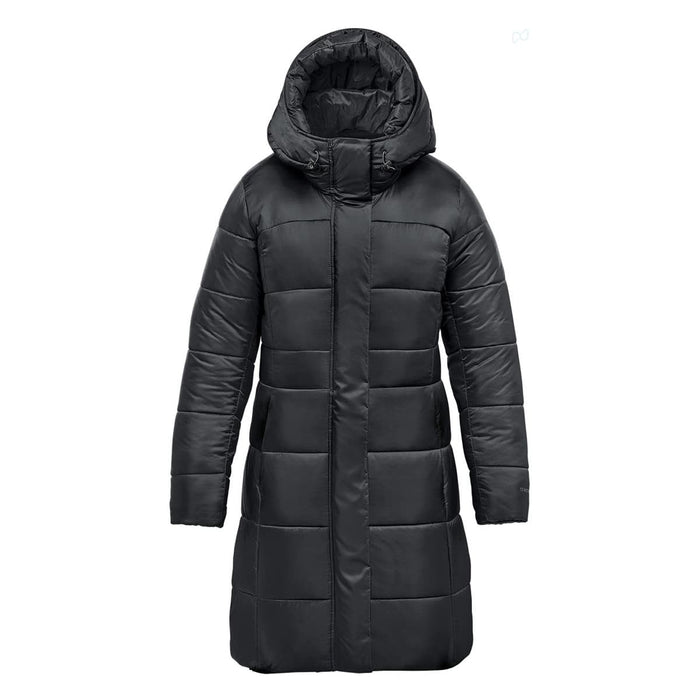 Women's Elkridge Parka - A women's black puffer jacket with a hood, featuring a quilted design and a mid-length cut.