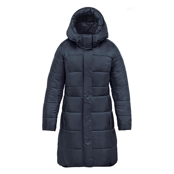 Women's Elkridge Parka - A women's puffer jacket in navy blue, featuring a hood and a quilted design. The jacket includes a branding logo.