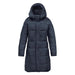 Women's Elkridge Parka - A women's puffer jacket in navy blue, featuring a hood and a quilted design. The jacket includes a branding logo.