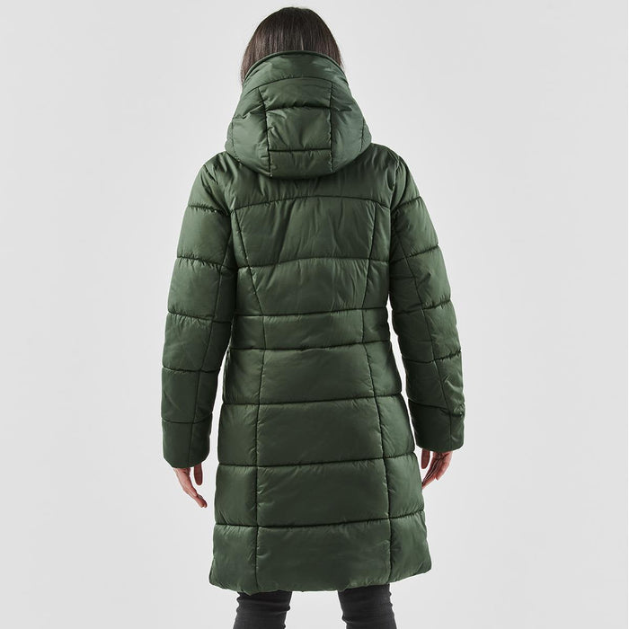 Women's Elkridge Parka - A green puffer jacket with a hood, featuring a quilted design and a mid-length cut, displayed from the back.