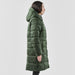 Women's Elkridge Parka - A women's puffer jacket in dark green with a hood, showcasing a side profile view.