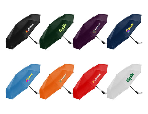 Como Fold-Up Umbrella - A collection of Como Fold-Up Umbrellas in black, green, purple, navy, orange, and white, featuring various logos.