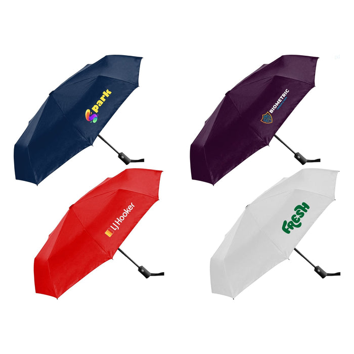 Como Fold-Up Umbrella - A set of four fold-up umbrellas in navy, red, burgundy, and white, each featuring a logo.