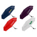 Como Fold-Up Umbrella - A set of four fold-up umbrellas in navy, red, burgundy, and white, each featuring a logo.