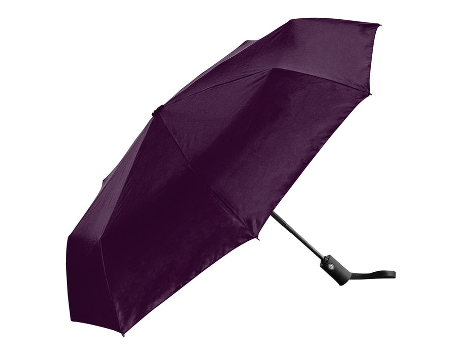 Como Fold-Up Umbrella - A fold-up umbrella in a rich dark purple colour with a black handle and a logo on the shaft.