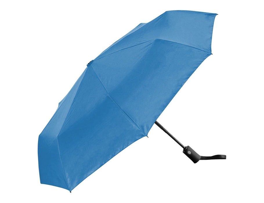 Como Fold-Up Umbrella - A blue fold-up umbrella features a black handle and a sleek design, ideal for portable use.