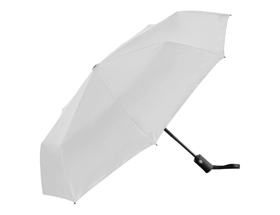 Como Fold-Up Umbrella - A folded white umbrella with a black handle and a logo on the shaft.