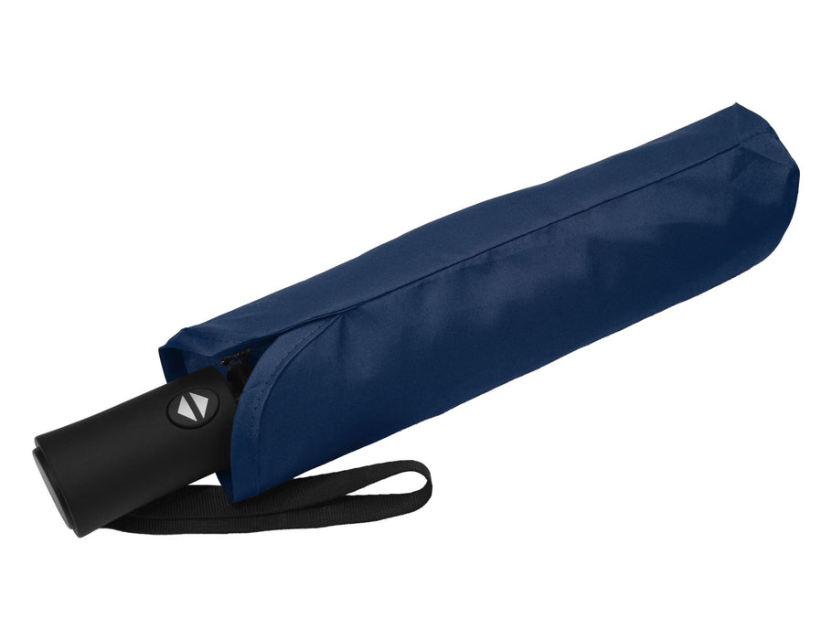 Como Fold-Up Umbrella - A navy fold-up umbrella with a black handle, contained in a matching cover with a strap.