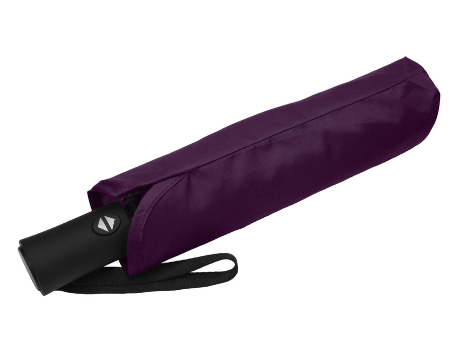 Como Fold-Up Umbrella - A purple fold-up umbrella with a black handle, housed in a matching protective sleeve. It features a carrying strap.