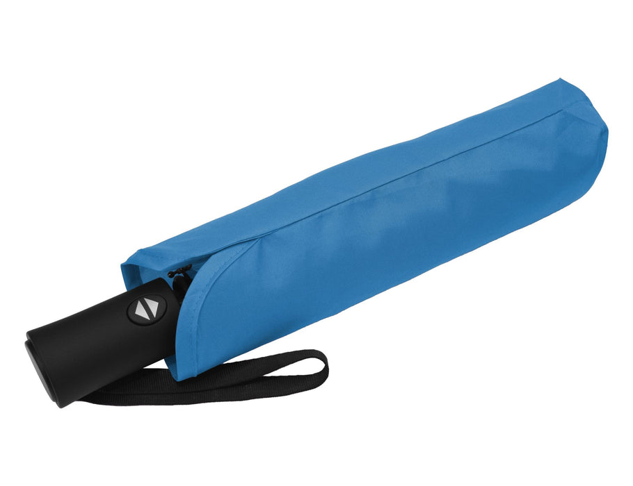 Como Fold-Up Umbrella - A blue fold-up umbrella in its matching cover, featuring a black handle and a logo.