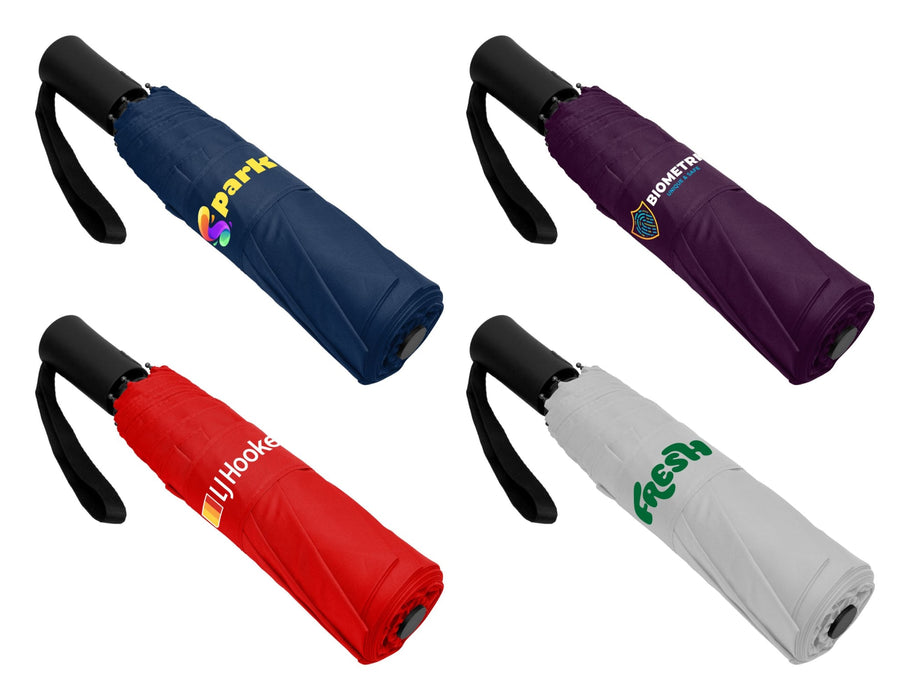 Como Fold-Up Umbrella - A collection of fold-up umbrellas in red, navy, purple, and white, each featuring different logos.