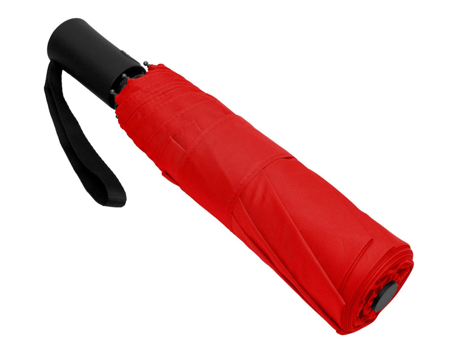 Como Fold-Up Umbrella - A red fold-up umbrella with a black handle and strap, closed and compact. It features a branding logo.