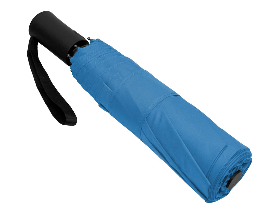 Como Fold-Up Umbrella - A blue fold-up umbrella with a black handle and strap, compactly rolled and secured.