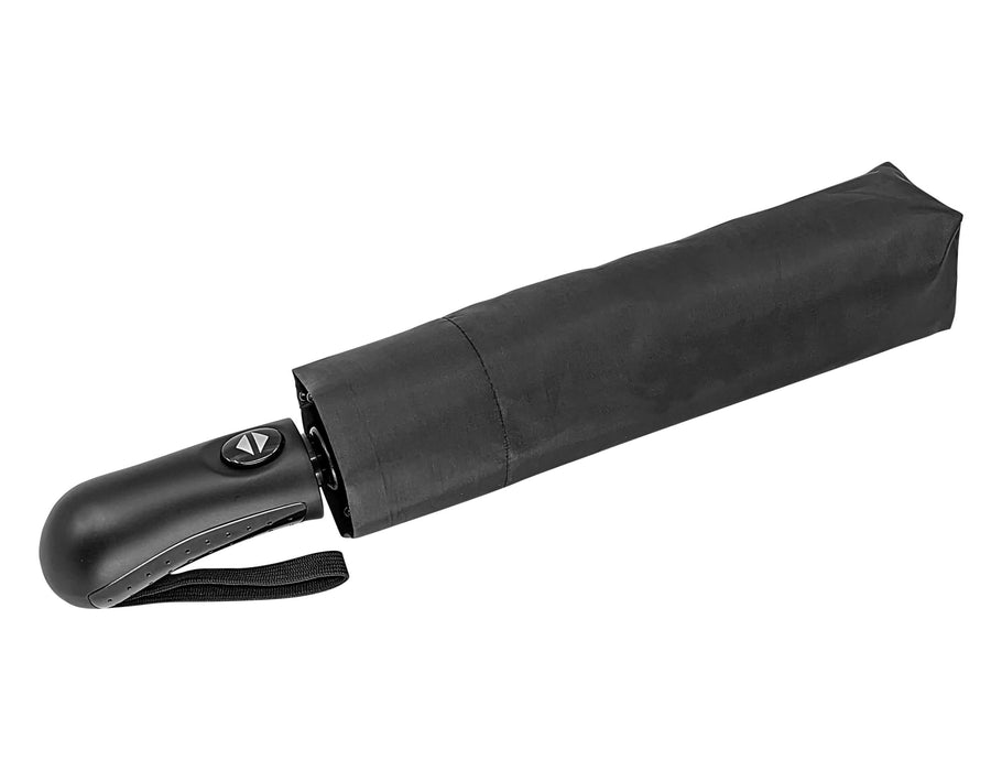 City 23" RPET Fold-Up Umbrella - A black fold-up umbrella with a curved handle and strap, featuring a compact design for easy storage.