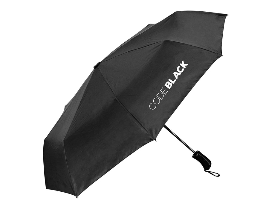 City 23" RPET Fold-Up Umbrella - A black fold-up umbrella with a logo and a compact design for leisure and outdoor use.